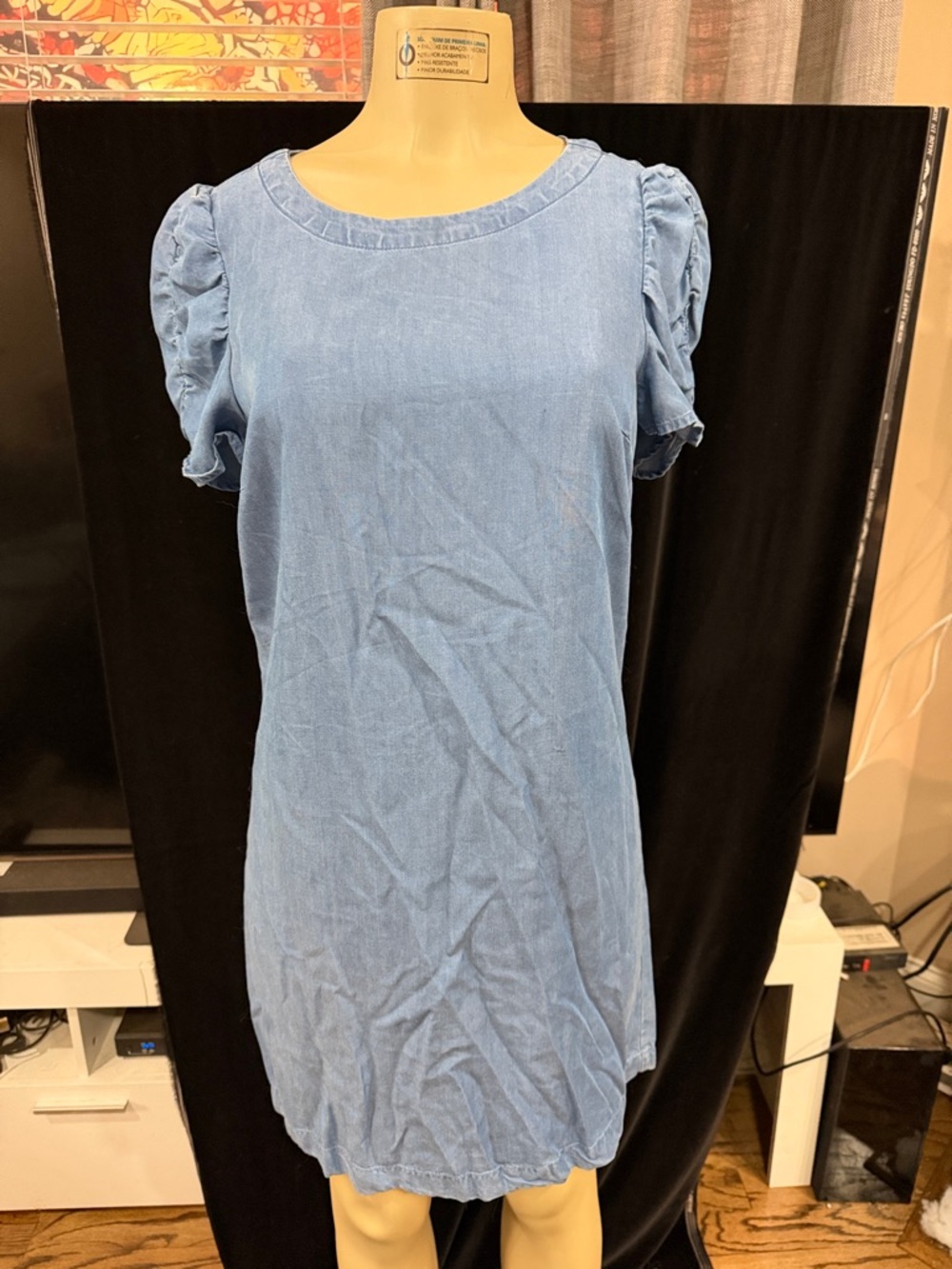LOFT Light Blue Denim Mini Dress with Puff Sleeves
